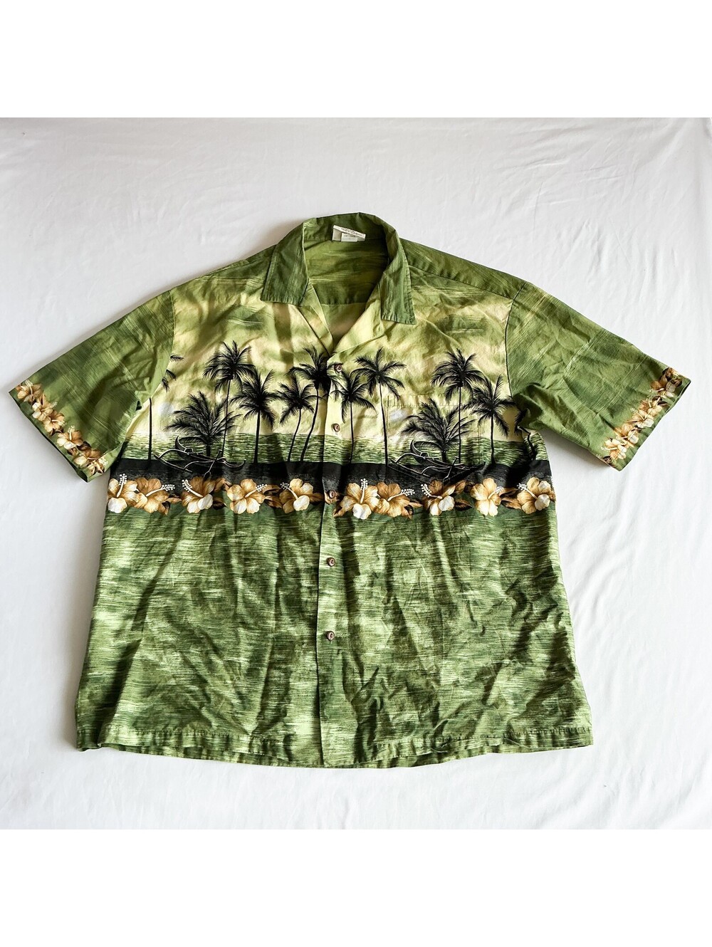 Vintage Winnie Fashion Hawaiian Shirt Green Palm Tree Floral Print 2XL